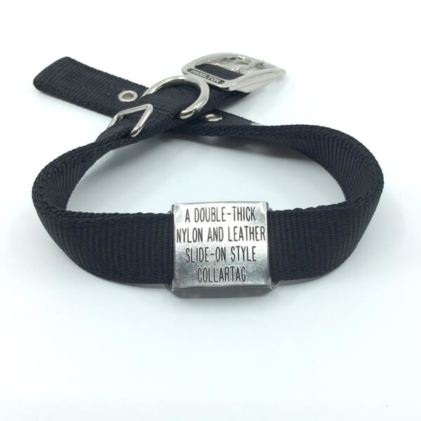 black double thick nylon collar with stainless steel slide on style collar tag