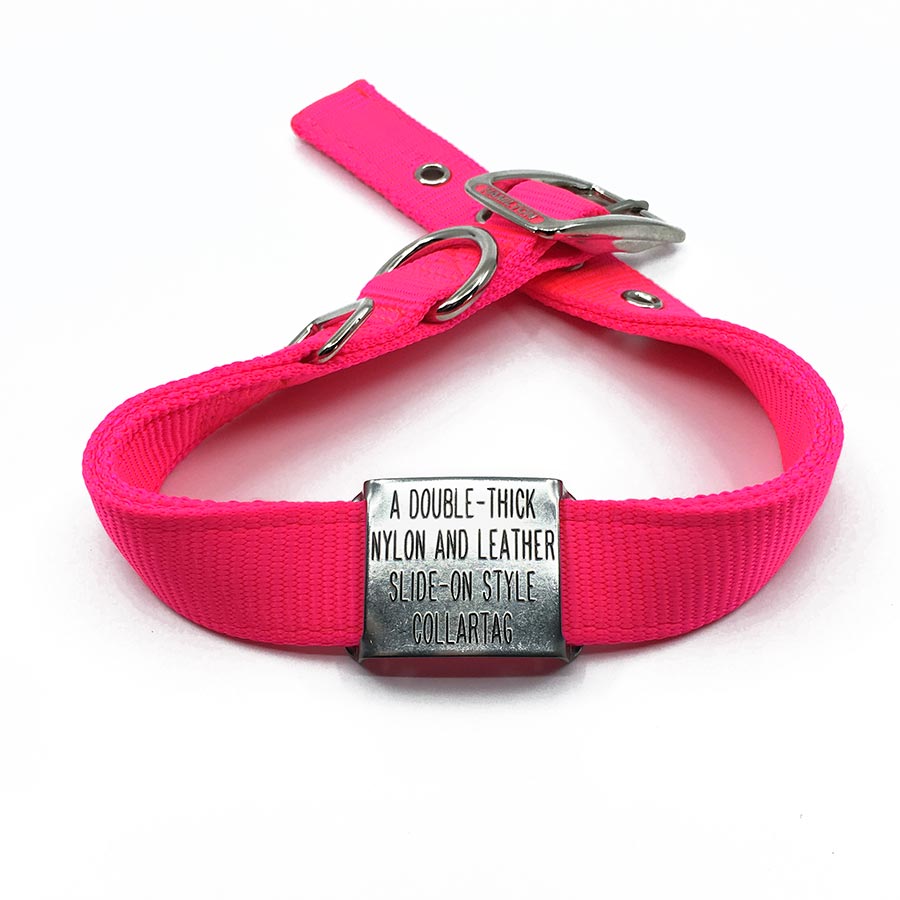 pink double thick nylon collar with stainless steel slide on style collar tag