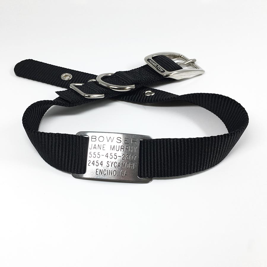 black single thick nylon collar with stainless steel collar tag id for pets