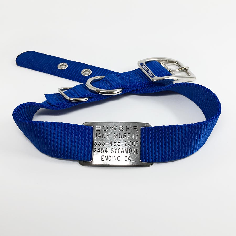 blue single thick nylon collar with stainless steel collar tag id for pets