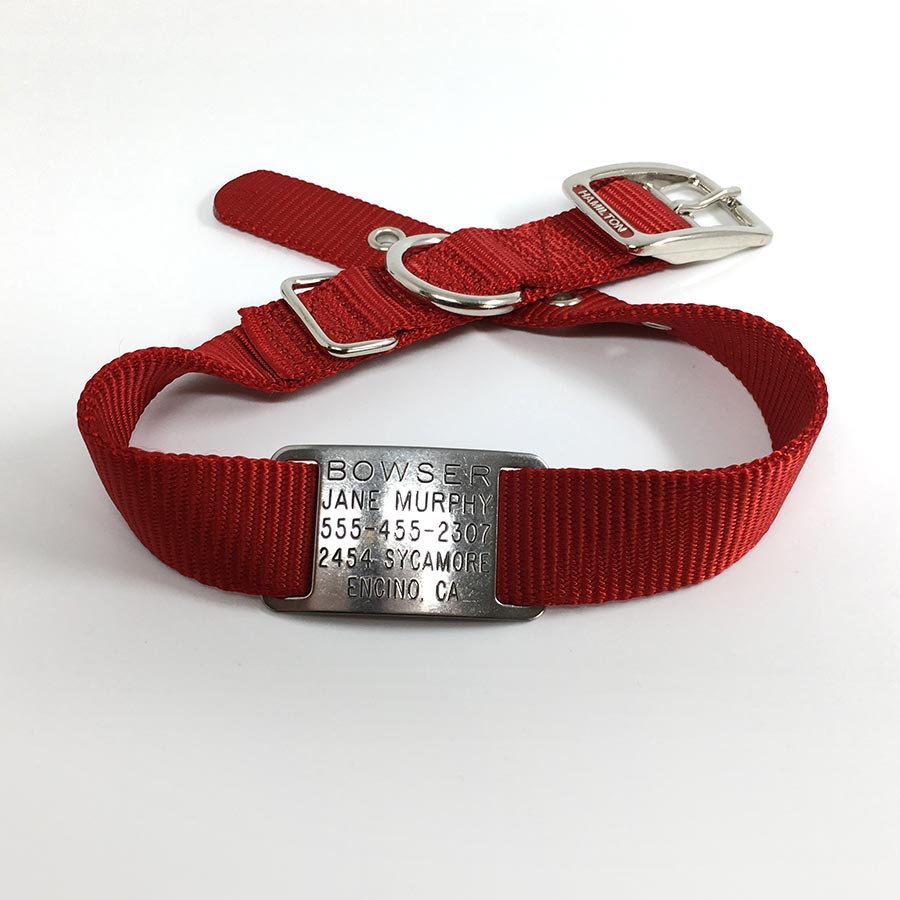 red single thick nylon collar with stainless steel collar tag id for pets