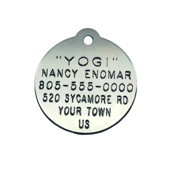 Round steel tag with 6 lines of text