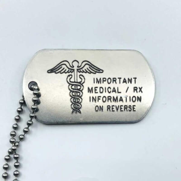 steel human id tag with 4 lines of text and chain